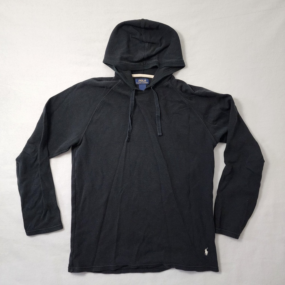 Polo Ralph Lauren Waffle Knit Hoodie Mens Large Black Thermal Lightweight Pony